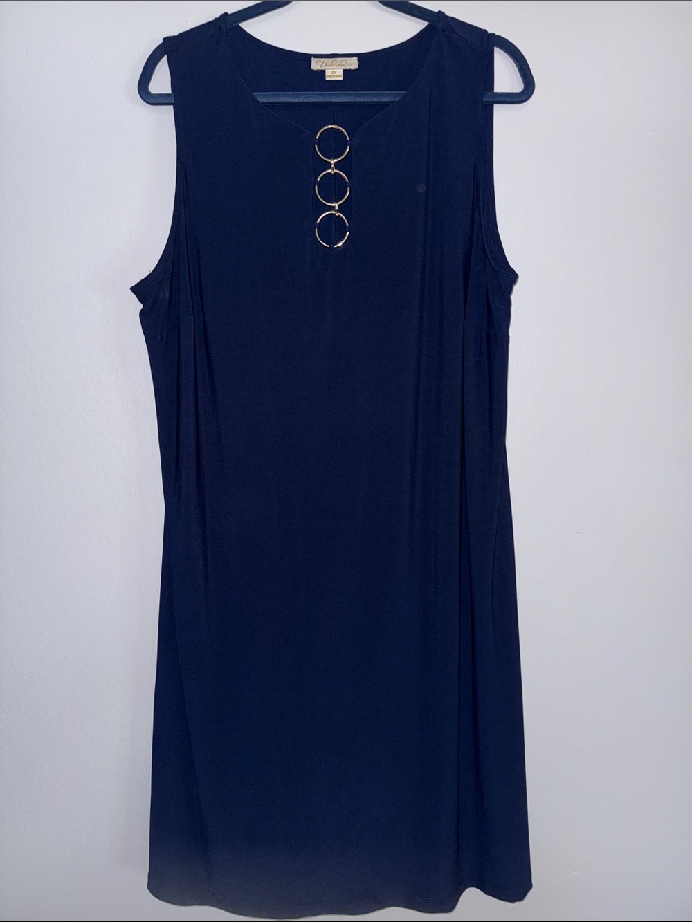 Sleeveless Navy High-Low Dress with Gold Ring Detail